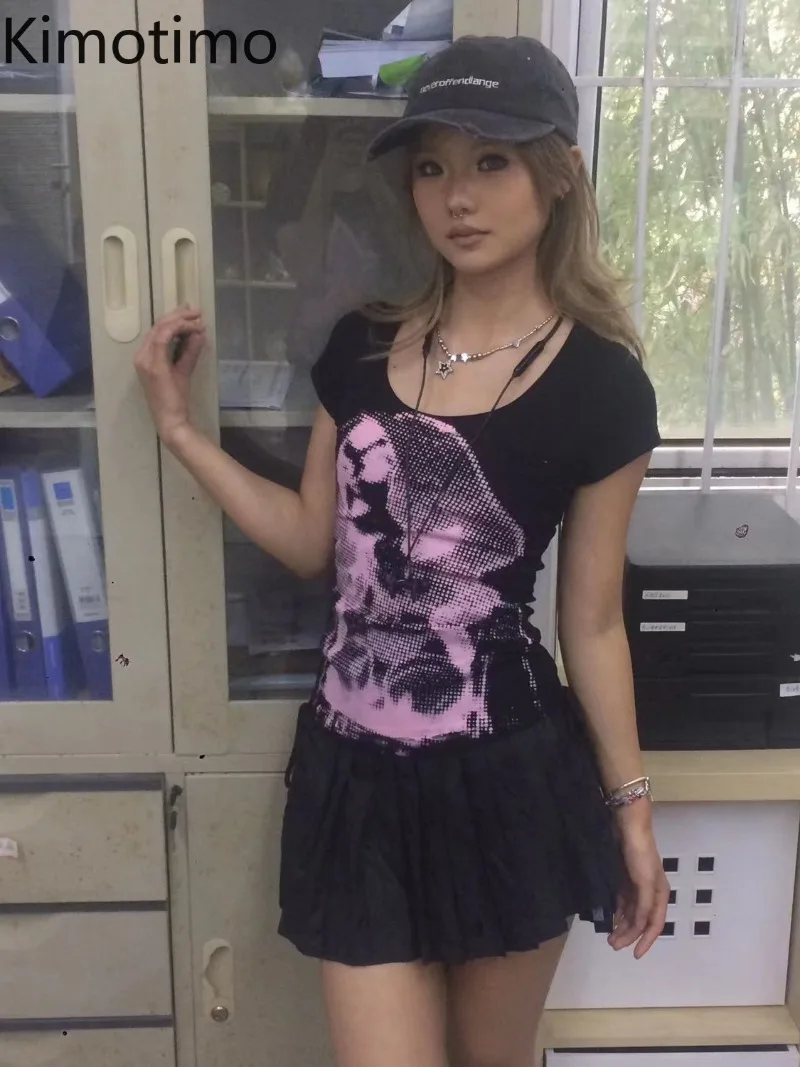 

Футболка Kimotimo в американском ретро-стиле с графическим принтом, короткий рукав, новинка 2026, облегающий укороченный топ с круглым вырезом, панк, Y2K, эстетика, женская, Ins
