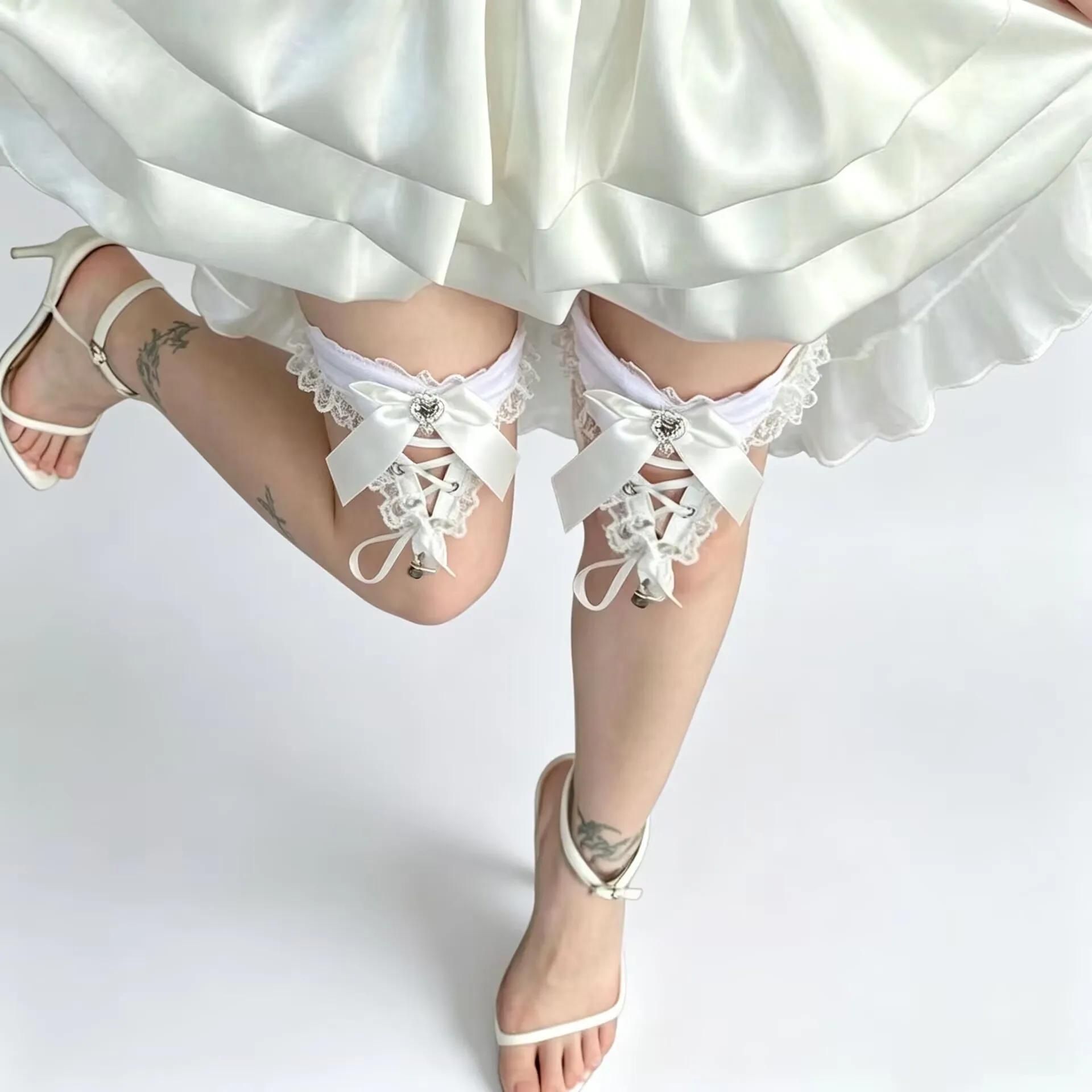 Women Sweet Lolita Thigh-length Socks Garter Belt, Wing Lace Thigh Harness, Bow Heart Rhinestone Adjustable Sock Garter Clip