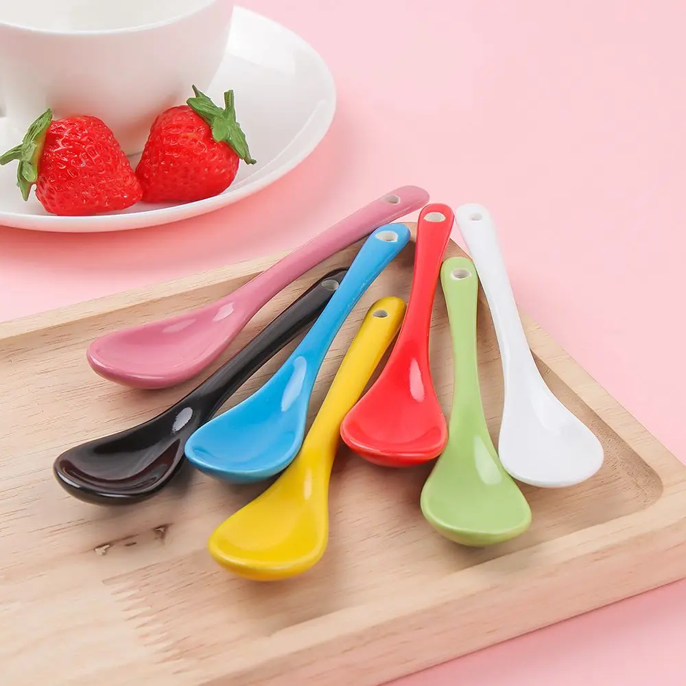 1Pc Pure Color Bone Ceramic Coffee Spoon Long Handle Spoon Ice Cream Tea Dessert Spoon Kitchen Ceramic Flatware