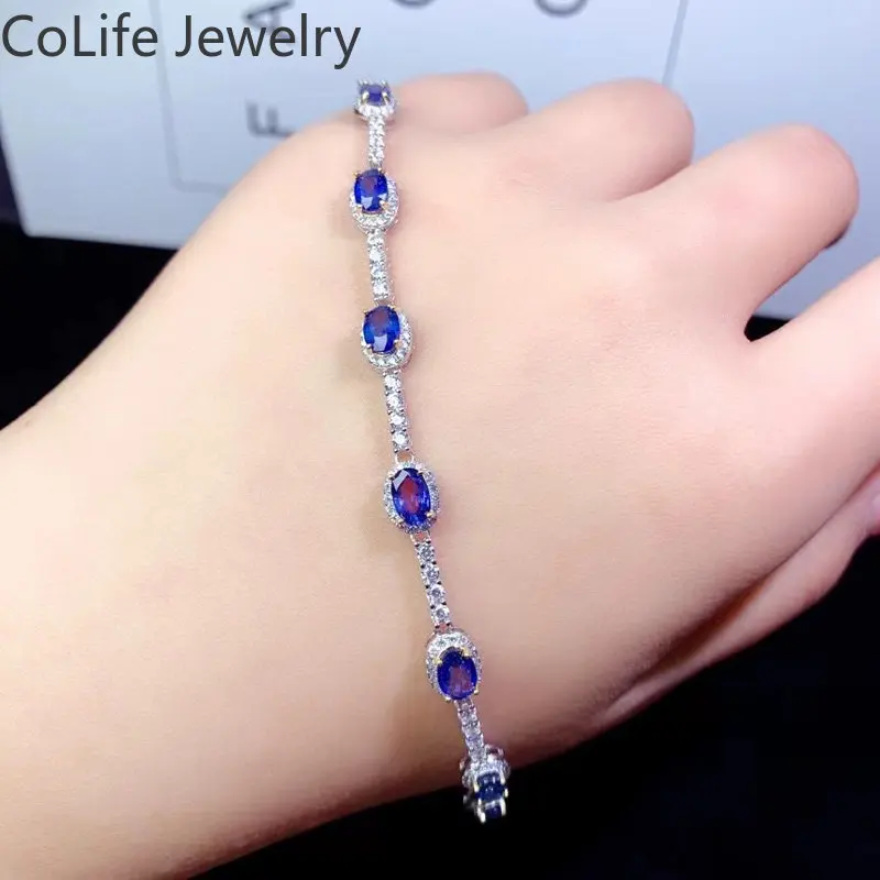 925 Silver 100% Natural Blue Sapphire Bracelet Total 3.2ct 4*5mm Natural Sapphire Silver Bracelet with 3 Layers 18K Gold Plating