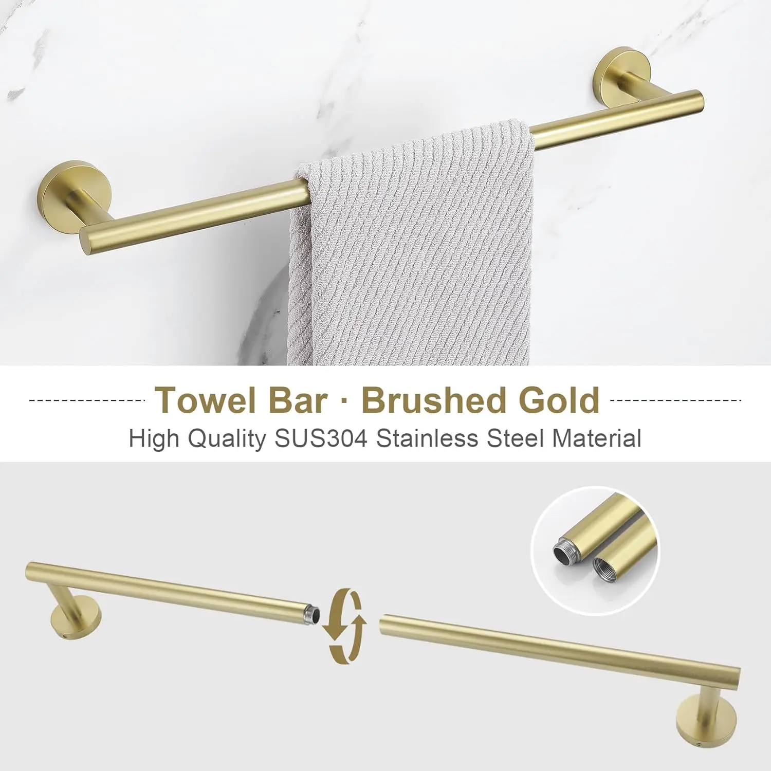 Lairuier Bathroom Towel Holder Set,5-Piece Towel Bar Set Brushed Gold Steel Wall Mounted Bathroom Hardware Accessories Stainless