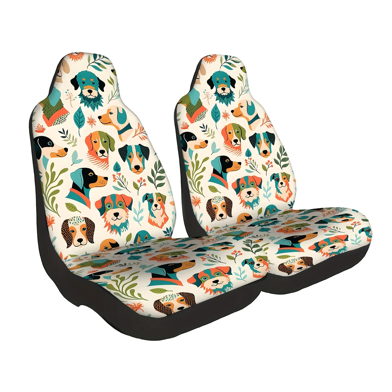 Two Cartoon Dog Patterned Car Seat Covers, Cute Interior Seat Additions For Car Front Seat Protection, Suitable For Cars, Trucks