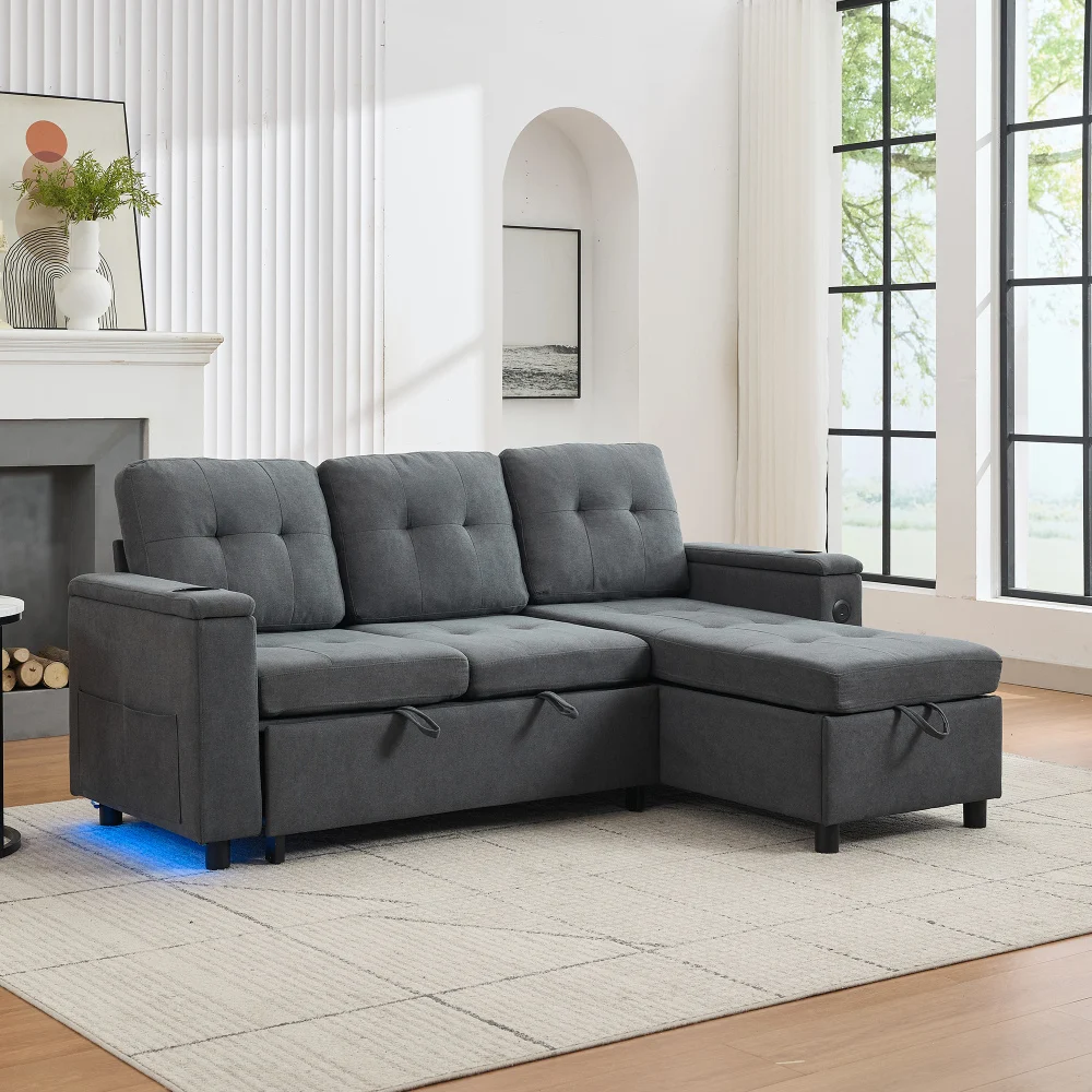 Sofá cama de tres plazas, sofá plegable con almacenamiento oculto, sofá ambiental con tira de luces LED, sofá esquinero Treviso, sofá en forma de L