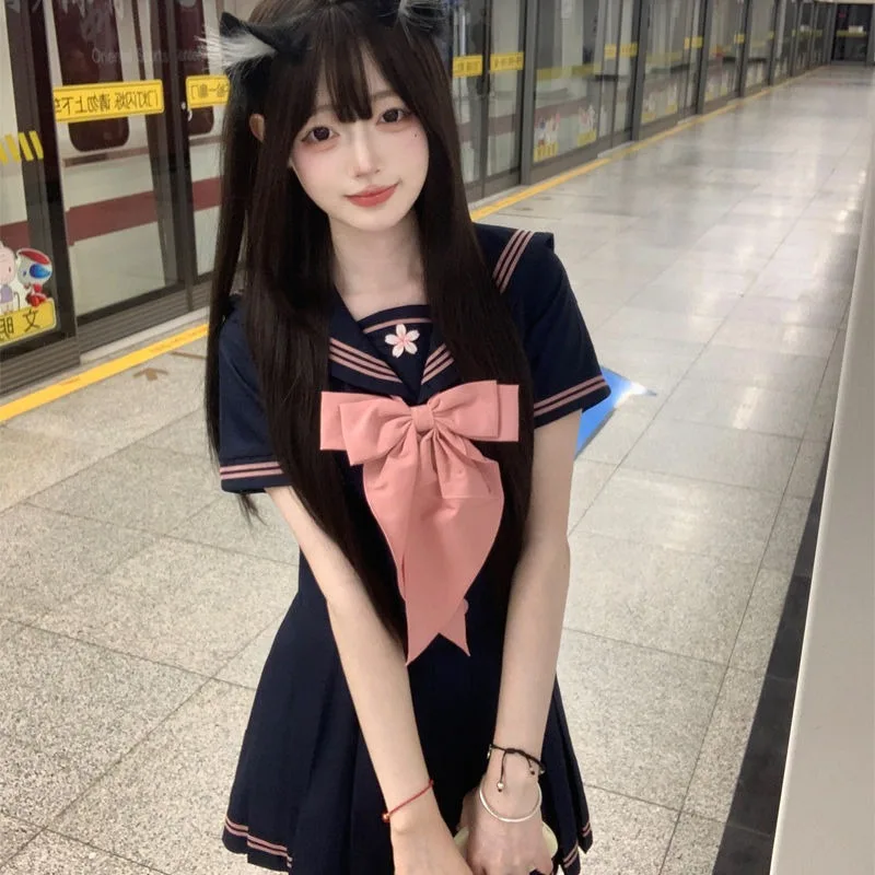 JK Uniform Sailor Suit Genuine Japanese College Style Basic Student Long-short-sleeved Suit Cyan Cute Role Play Summer Cyan