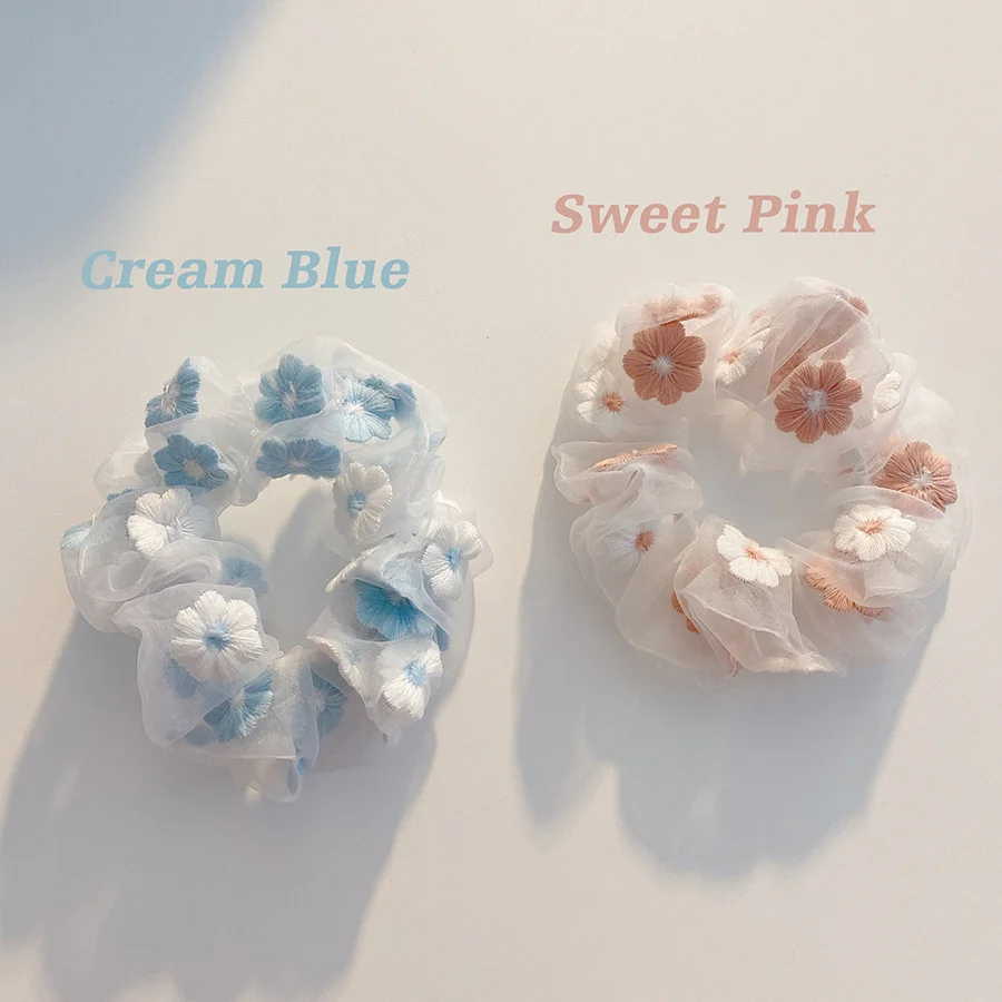 2023 Romantic Pink Blue Sweet Embroidered Flower Scrunchies Ponytail Holder Organza Mesh Hair Ropes Ties Young Girls Hairbands