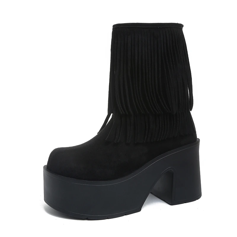 

2025 Winter Women Fringes Thick Heel High Boots Suede Pointed Toe Outdoor Fashion Platform Shoes Willow Nails Pumps Women Shoes