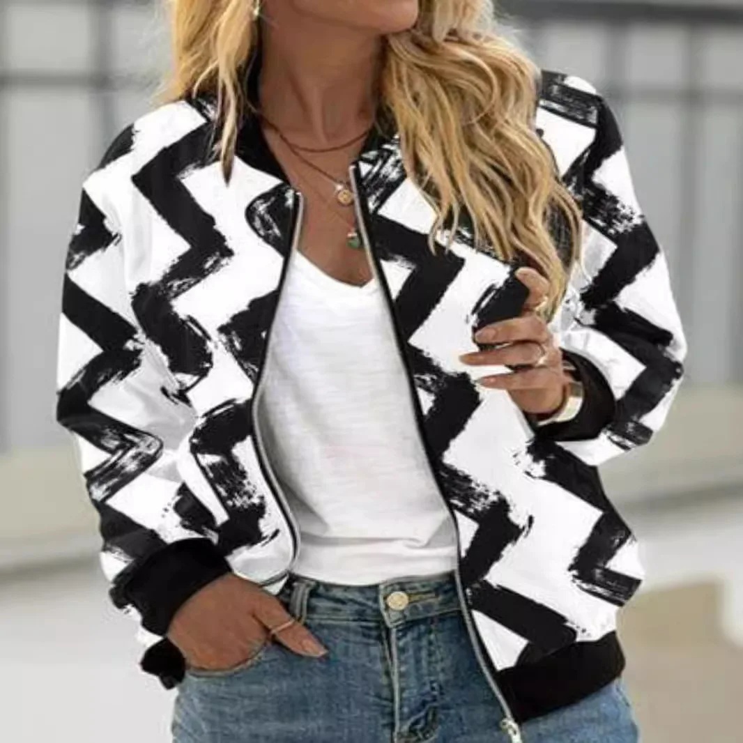 

Black and White Stripe Pattern Zipper Jackets Women 3d Printed Bomber Sweatshirt Autumn Winter Street Jacket Long Sleeve Coat