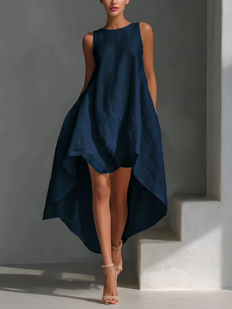 Summer Elegant Solid Dresses Womens Casual O Neck Sleeveless Irregular Loose Big Hem Maxi Dress Pocket Holiday Party Dress - Image 4
