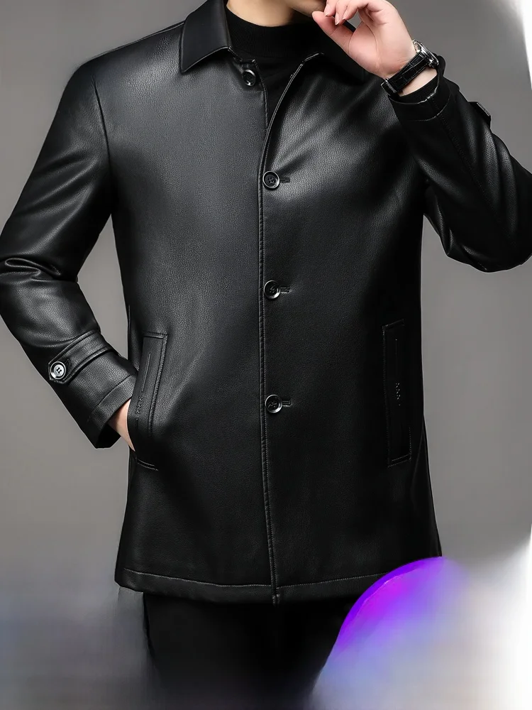 

2026 New Men's Leather Jacket Haifeng Genuine Leather Long Coat with Collar Business Casual Style Mid-Length Fleece Lined
