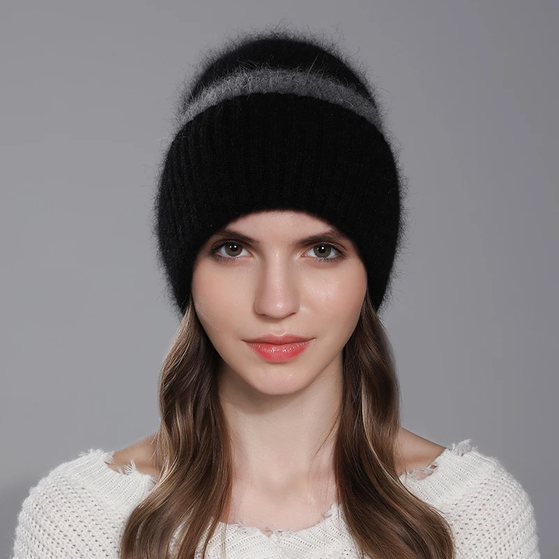 CNTANG New Winter Beanies Two-color Angora Rabbit Fur Hat For Women Warm Knitted Fashion Female Hats High Quality Luxury Cap