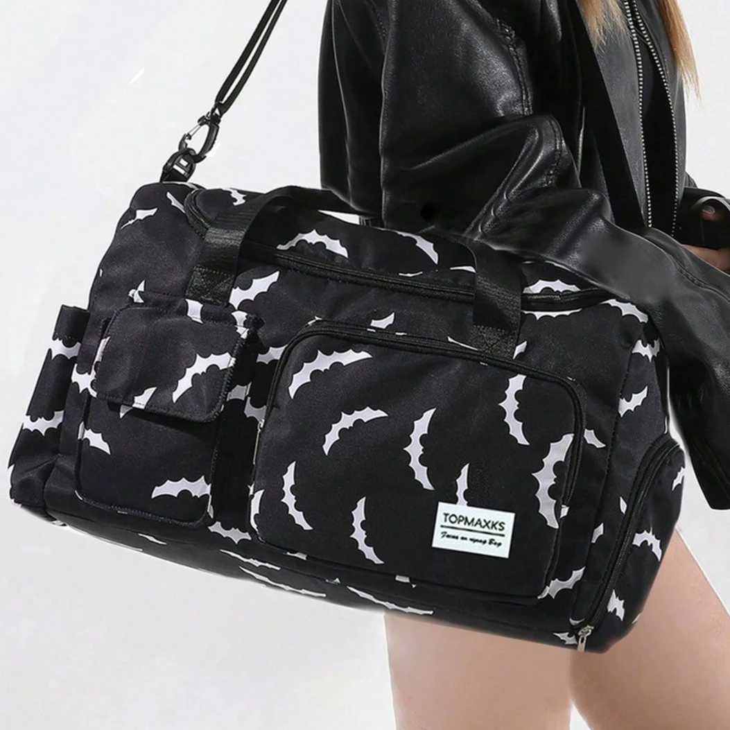 Luxury Bat Pattern Random Weekend Travel Bag, With Waterproof Pocket And Shoe Compartment, Large Capacity Hospital Maternity Bag, Waterproof Overnight Messenger Handbag, Lightweight Personal Luggage Bag, Suitable For Sports, Fitness, Yoga