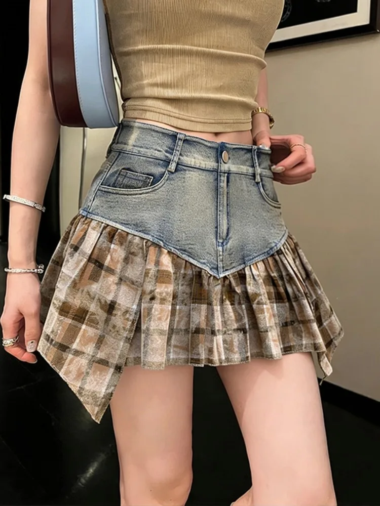 

Американская пэчворк-юбка в необычную клетку, женская летняя модная укороченная юбка А-силуэта с эффектом похудения, элегантная, с завышенной талией