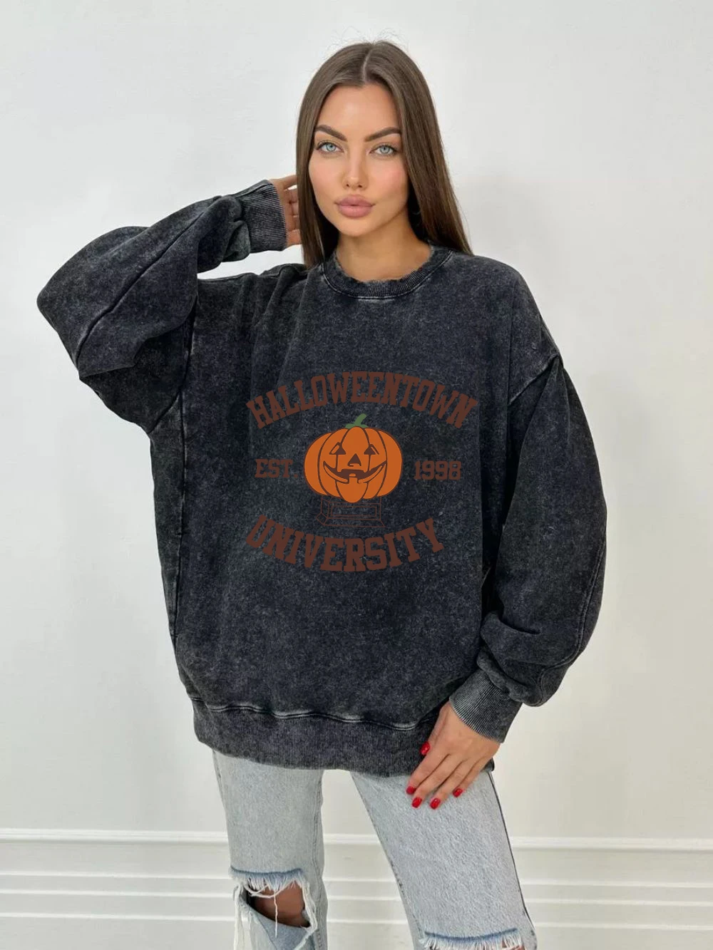 Cotton Womens Washed Sweatshirt Halloweentown Est 1998 University Prints Sweatshirt Oversize Cotton Pullover Couple Clothing