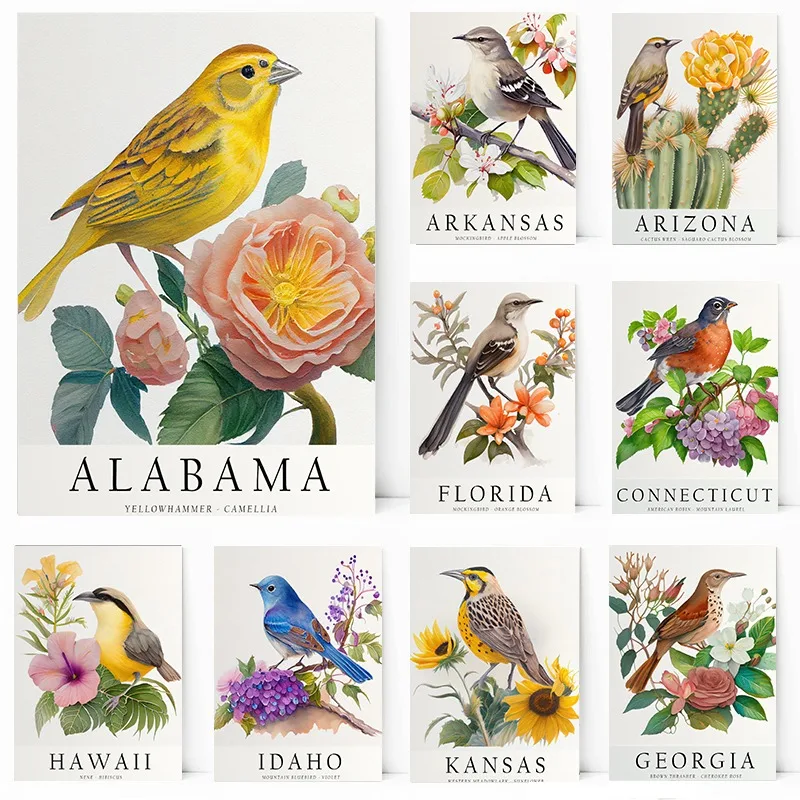 Alabama Arizona Florida Kansas Maryland State Bird Flower Poster Canvas Printing Decor Living Room Bedroom Wall Art Home Decor