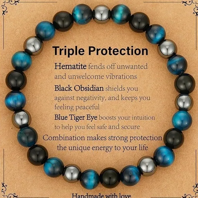 Obsidian Magnetic Yellow Tiger Eye Woven Adjustable Bracelet Triple Protection Handmade Gift For Women