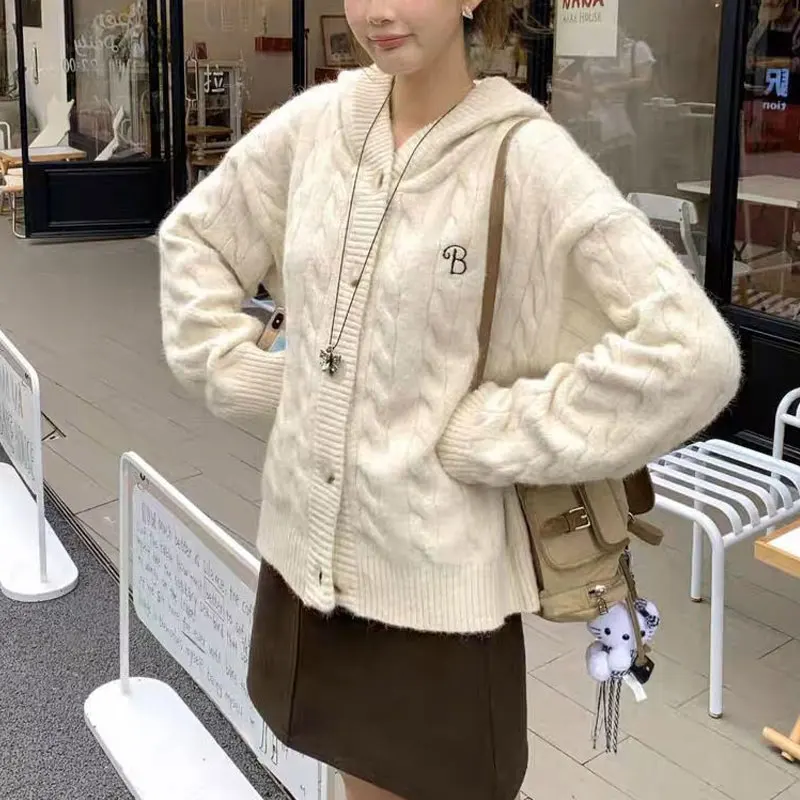 

Fashion Letter Embroidery Hooded Sweaters Autumn Winter Solid Color Female Clothing Loose Casual Long Sleeve Knitted Cardigan