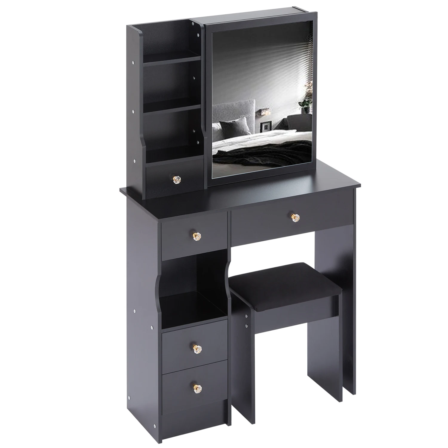 Small Size Left Drawer Desktop Vanity Table + Cushioned Stool, Extra Large Sliding Mirror, Multi Layer, High Capacity Storage Fa