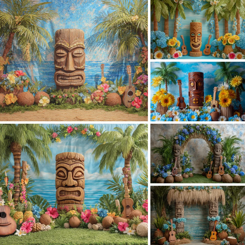 Photography Backdrop Summer Backgrounds Ocean Beach Stone Statue Flowers Decorations Birthday Party Photo Studio Banner
