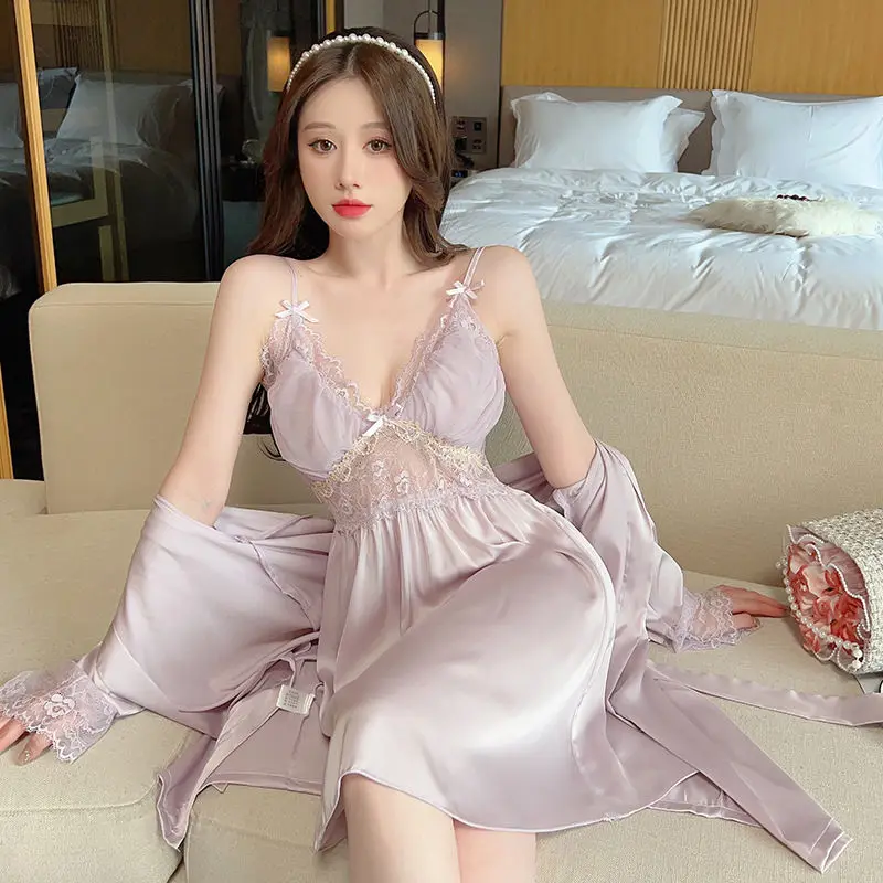 Slip Nightdress Female Summertime Thin Spring Autumn Ice Silk Lace Two-piece Sex Appeal Nightgown Vestidos De Noche sleepwear