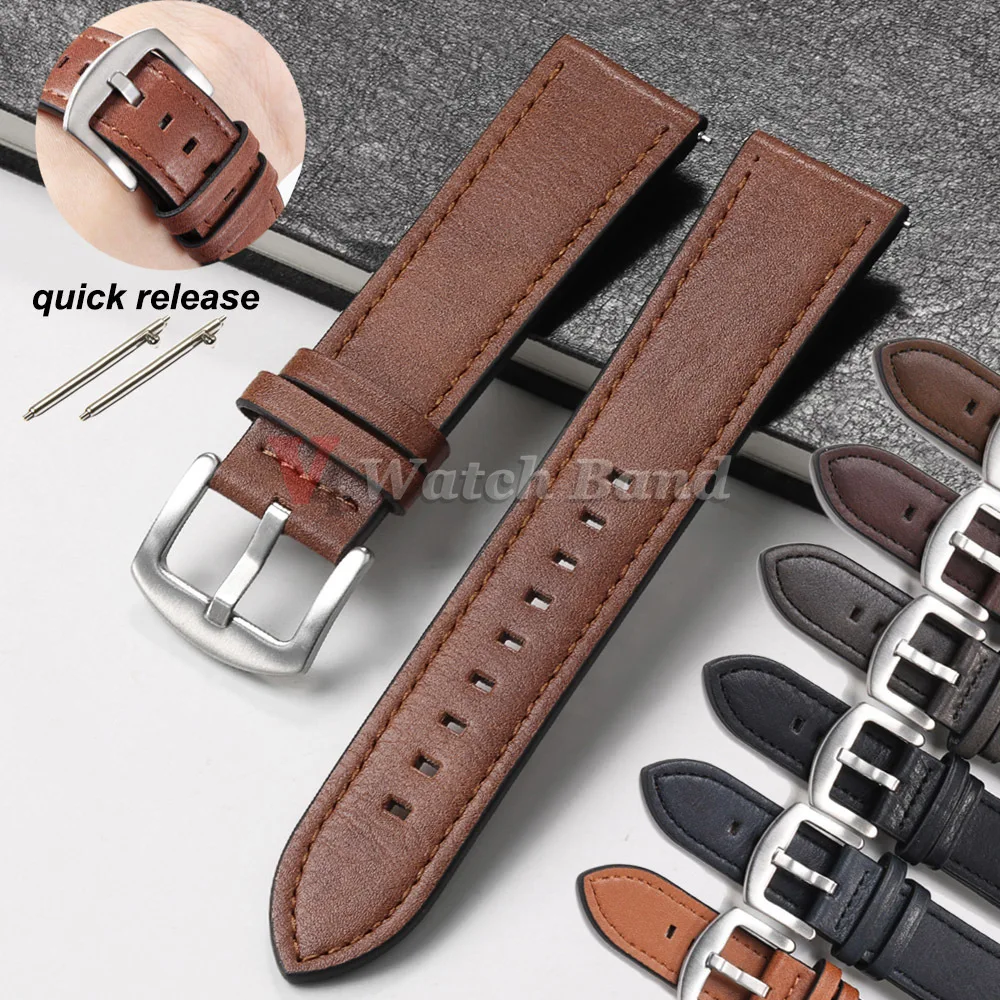 Genuine Leather Watchbands Quick Release Watch Band 20mm 22mm Smartwatch Strap Retro Brown Black Watches Accessories