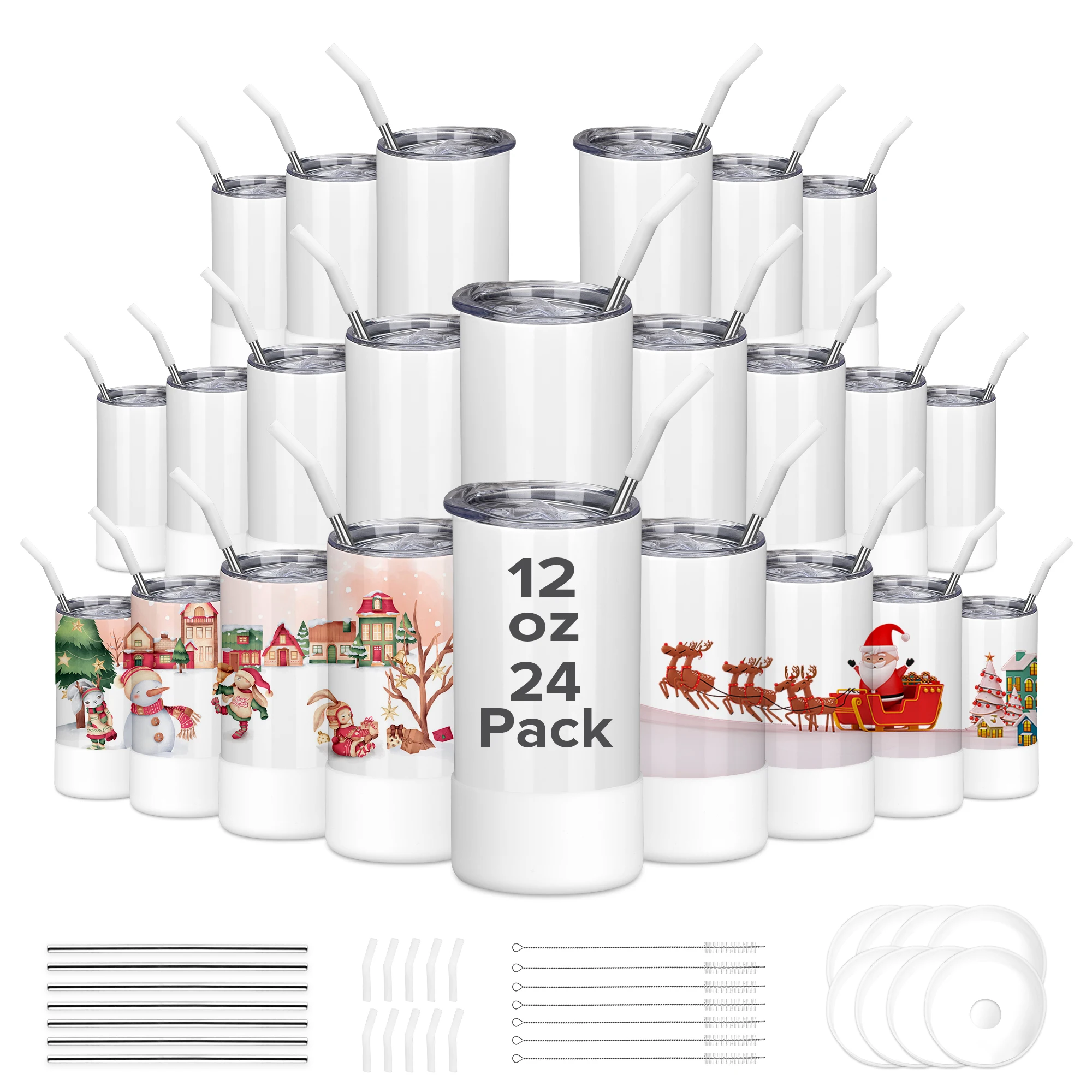 12/24 Pack 12oz Sublimation Tumblers,With Straw Cap Flat Bottom Blank Cup for DIY Heat Transfer Printing,Bulk Wholesale