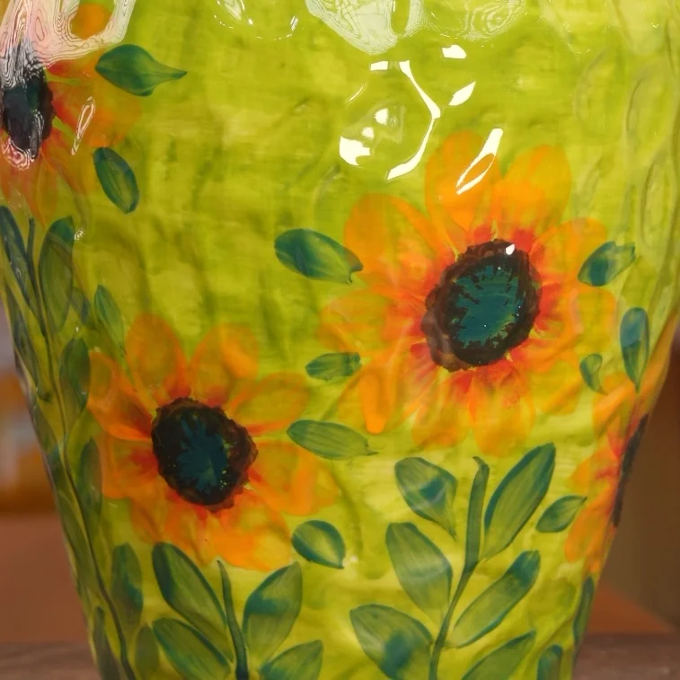 Hand painted ceramic oil painting idyllic Seiko kitten sunflower large binaural vase ornament
