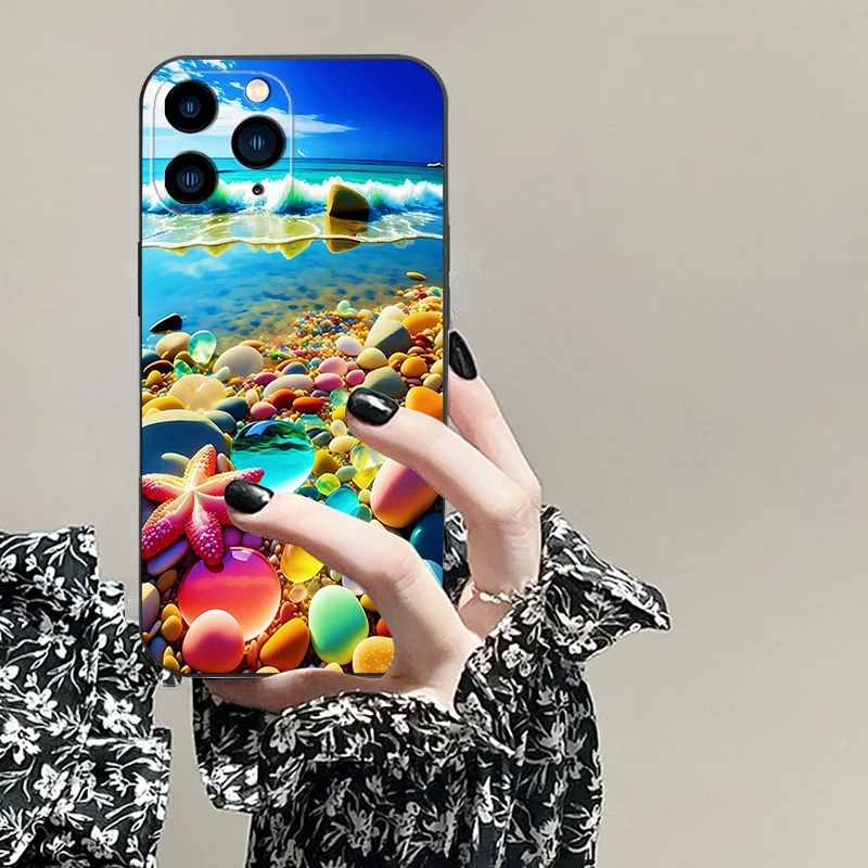 Colorful Coast Black soft phone case tpu for iphone 6 7 8 G 2020 se 11 12 13 14 15 16 PRO X XS MAX XR plus Apple cobblestone