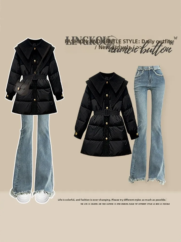 

Ele plus Size Winter Outfit Women's Lightweight Luxury Slimming Mid-Length Coat High Waist Bootcut Jeans Two-Piece Set