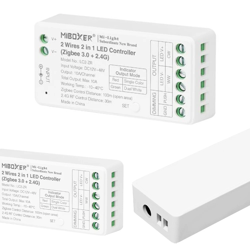 Miboxer LC2-ZR Zigbee 3.0+2.4GHzRF 2Wires 2in1 Brightness adjustable Single color/Dual white CCT Controller Dimmer for Led Strip