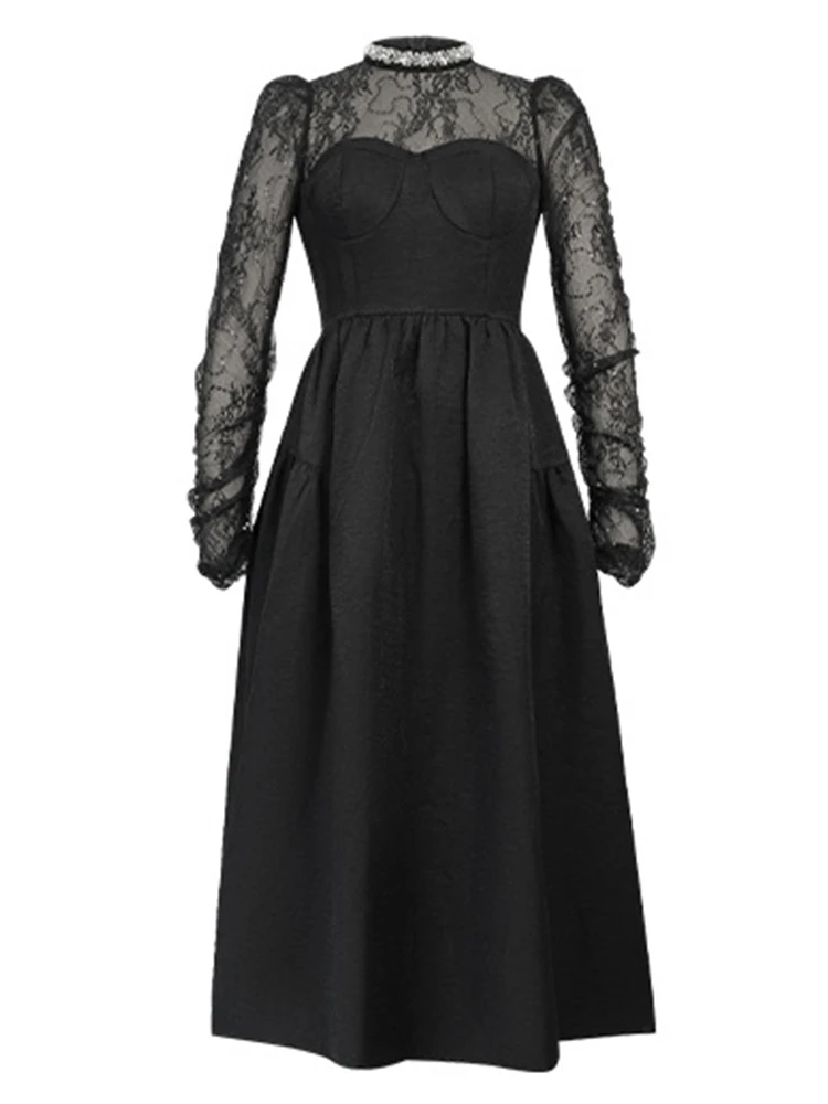 فستان نسائي فرنسي مثير باللون الأسود المبهر مزين بالترتر مع زخارف ماسية، حشوات لوحة من الدانتيل الشفاف للحفلات الراقصة أو جالاس الرسمي #3