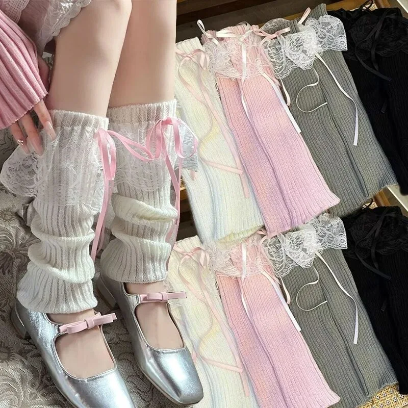 Japanese Y2K Lolita Girls Lace Bow Leg Warmers Women Calf Warmer Knitted Streamer Leg Covers JK Bow Princess Style Slouch Socks