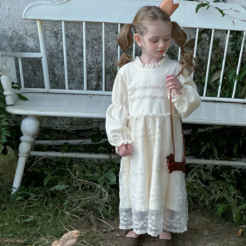 

Girls Korean Lace Trim Dress Baby Children Spring New Fashionable Long Dress Sweet Princess Dress Gown