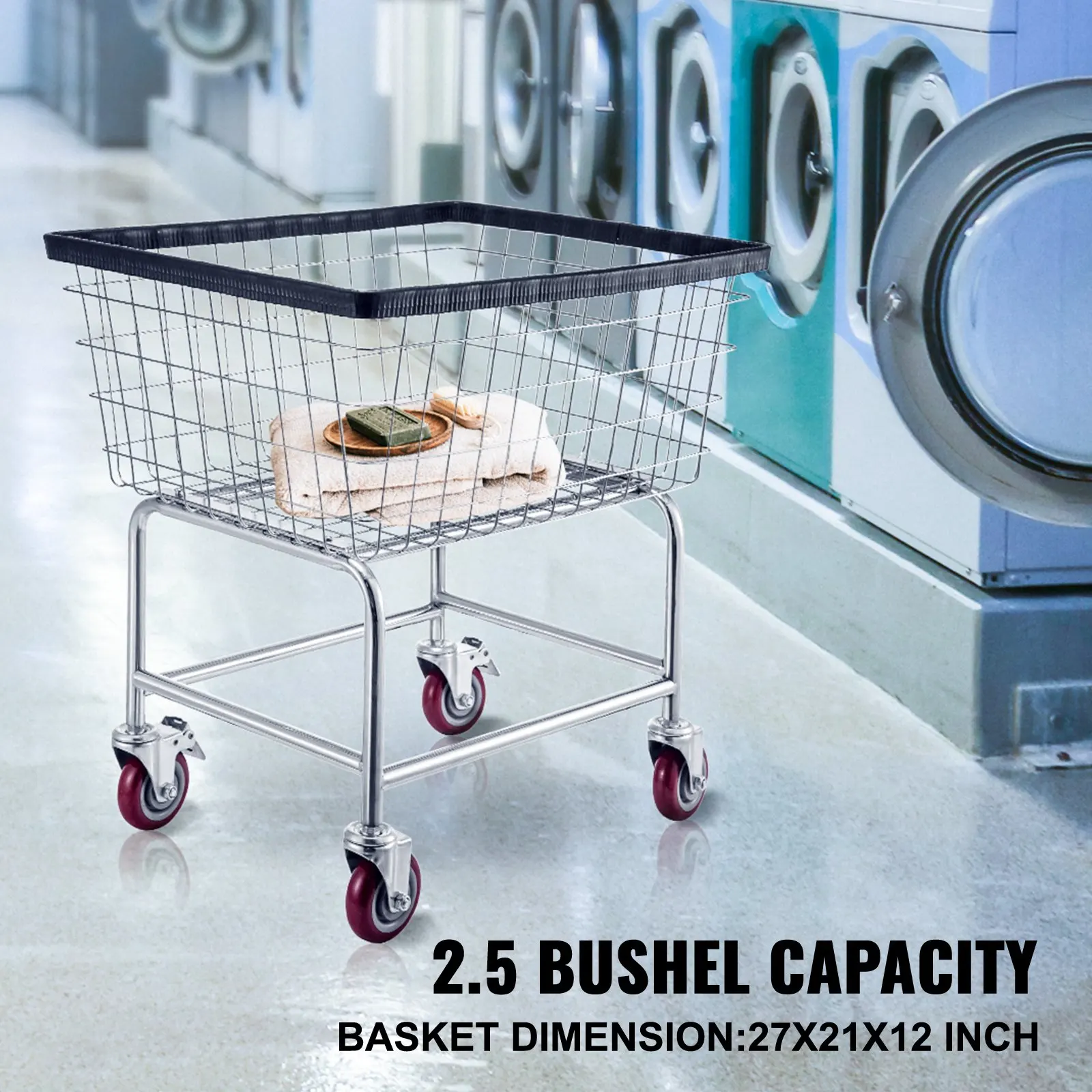 

Wire Laundry Cart, 2.5 Bushel Wire Laundry Basket With Wheels, Commercial Wire Laundry Basket Cart, Steel Frame With Chrome