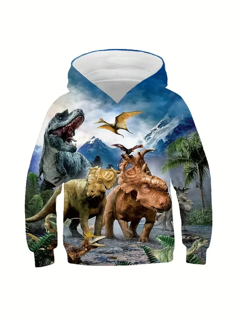 Ferocious Dinosaur World 3D Print Effect Children's Pullover Jurassic Park Domineering Tyrannosaurus Rex Boys Hooded Top Trend