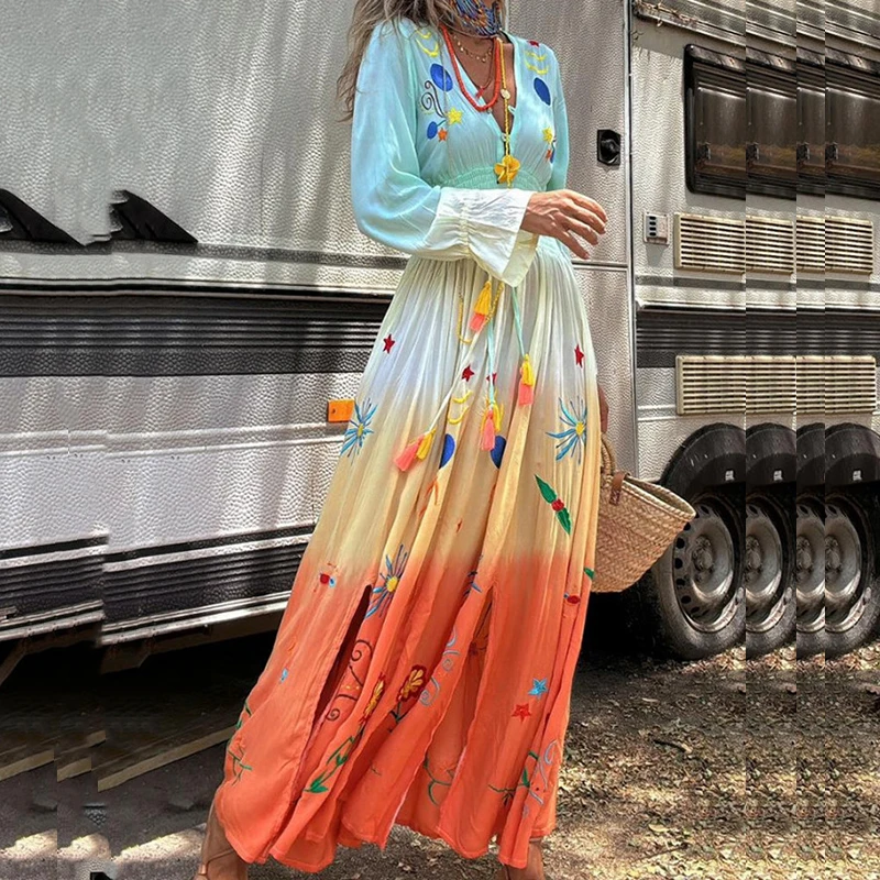 

Casual Chiffon Split Long Dresses 2024 Sexy Deep V High Waist Pleated Dress Women Fashion Gradient Pattern Printed Holiday Dress