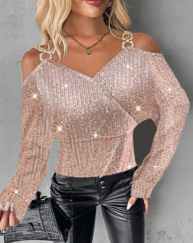 

2023 Casual Women Clothing Allover Sequin V-Neck Long Sleeved Cold Shoulder Fashion Women Top Spring New Slim Pullover Blouse