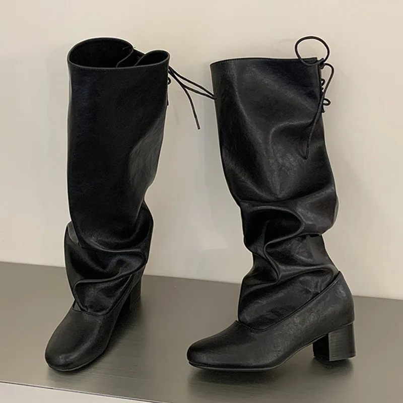 2027 New Winter Fashion Design Lace Up Round Toe Knee High Boots Woman Square Heels Long Booties Shoes Zapatos De Mujer