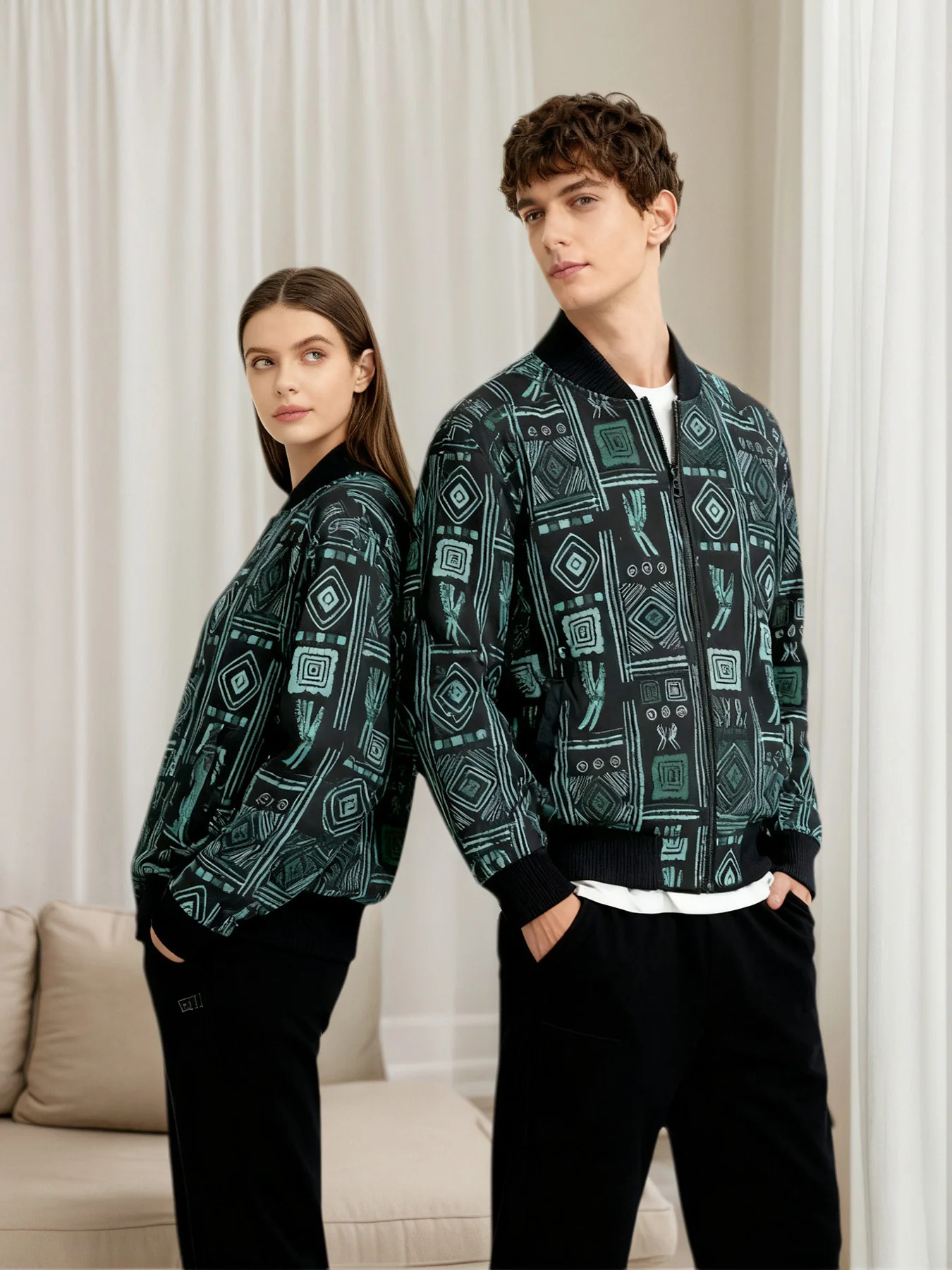 

High-street design, geometric lines, short jacket/outerwear for men and women, stylish baseball-inspired outfit.