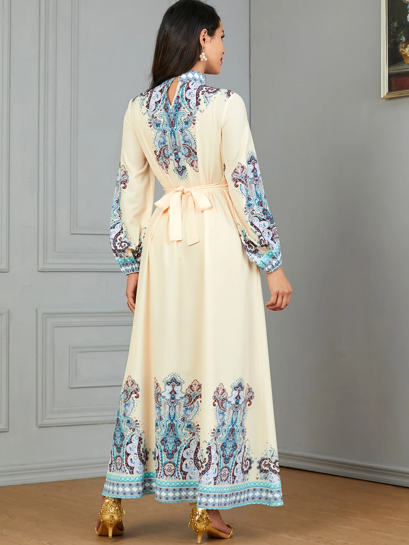 Vestido largo musulmán Eid para mujer, Abaya estampada de cuello alto, Abayas árabes de Dubái, Jalabiya, caftán para fiesta