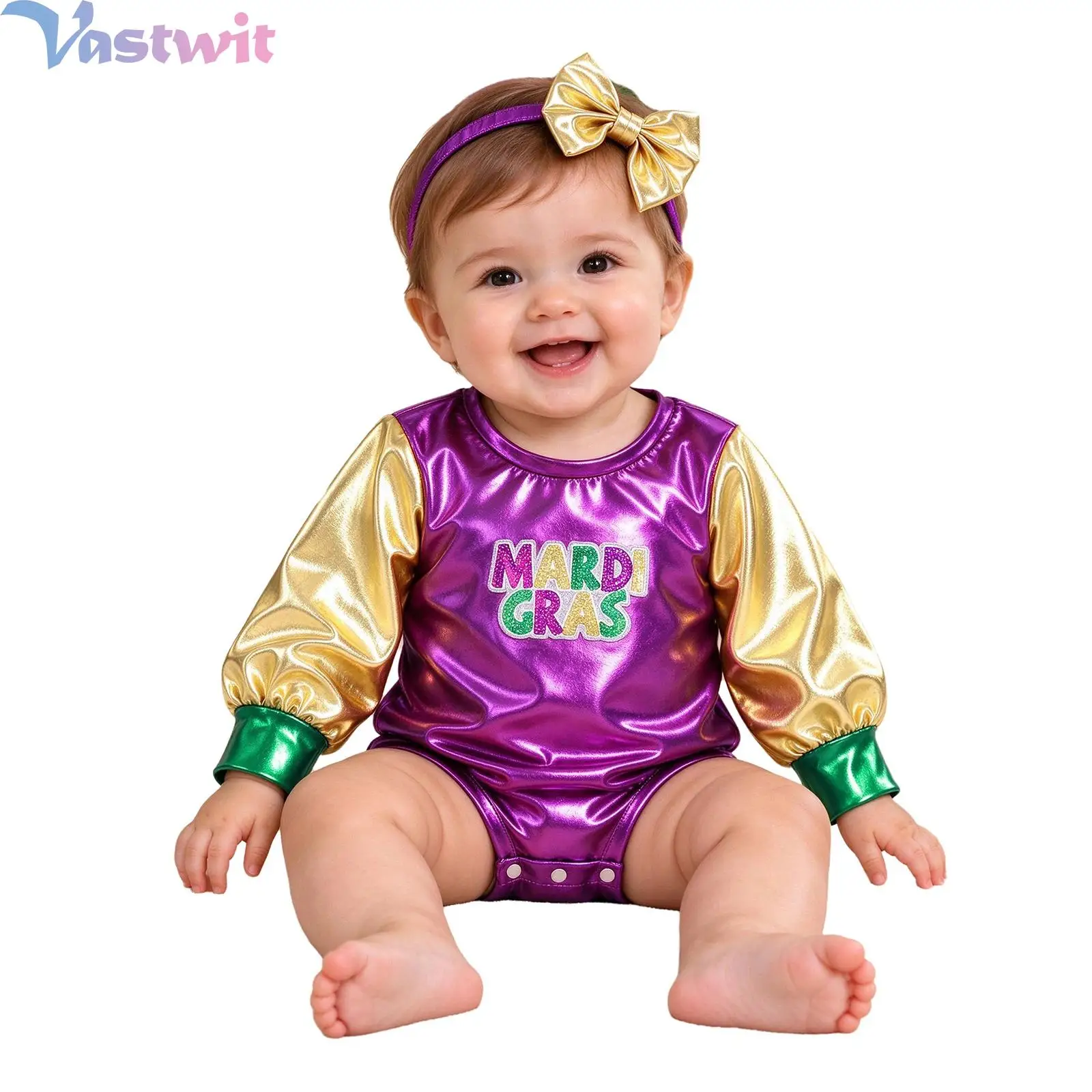 Baby Boys Girls Long Sleeve Press Button Crotch Bodysuit with Headwear Shiny Sequined Metallic Romper for Halloween Carnival