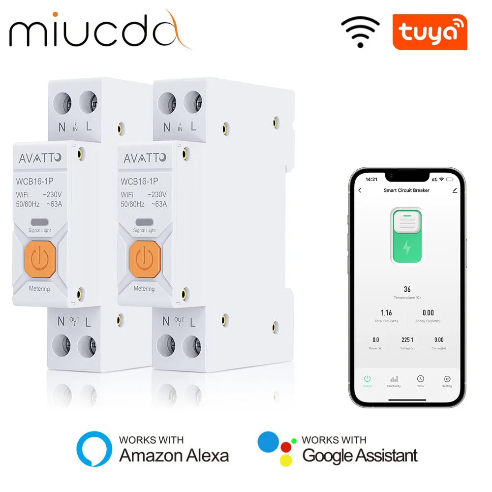 MIUCDA-disyuntor inteligente Tuya WiFi 1P 63A, Monitor de consumo de energía de riel DIN con función de alarma, interruptor de Control remoto por aplicación