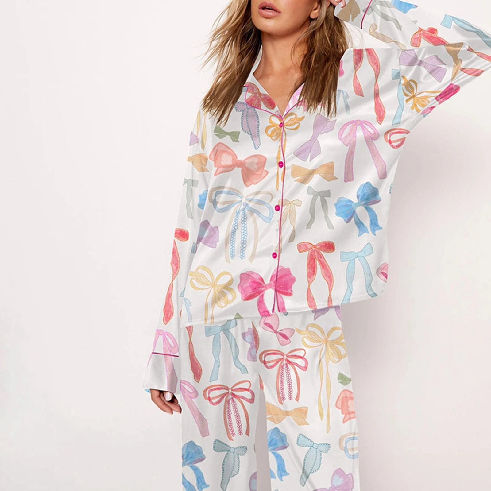 Women\'s Pajama Sets Loungewear Set Cartoon Print Long Sleeve Lapel Button Shirt with Elastic Waist Pants 2 Pieces Sleepwear