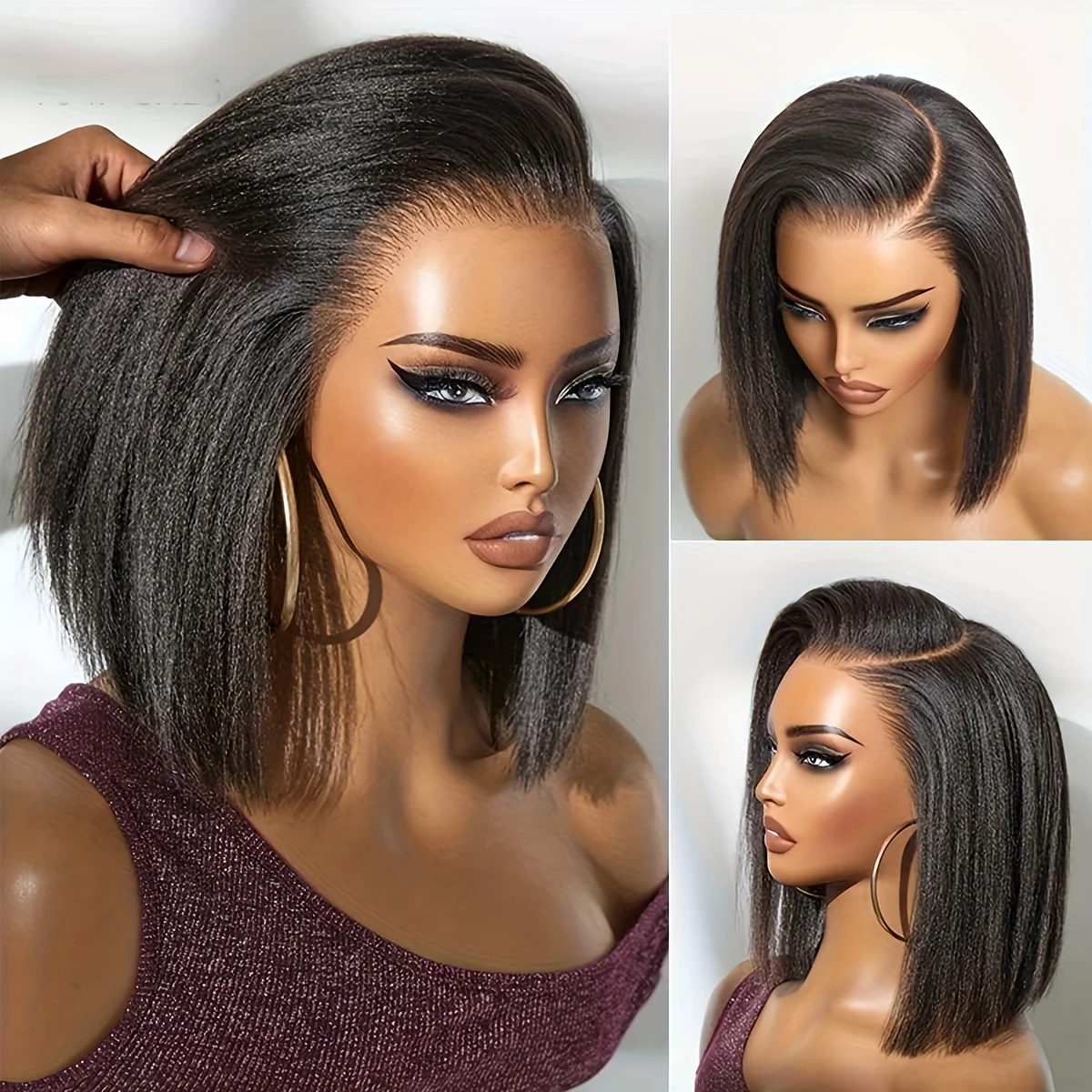 Soft Long 16Inch black Yaki Kinky Straight Lace Front Wig For Women With BabyHair Preplucked Glueless Daily