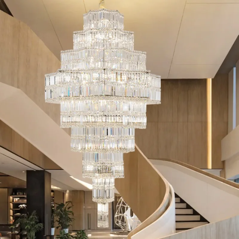 Light luxury modern building mid-floor loft long crystal rotating staircase chandelier