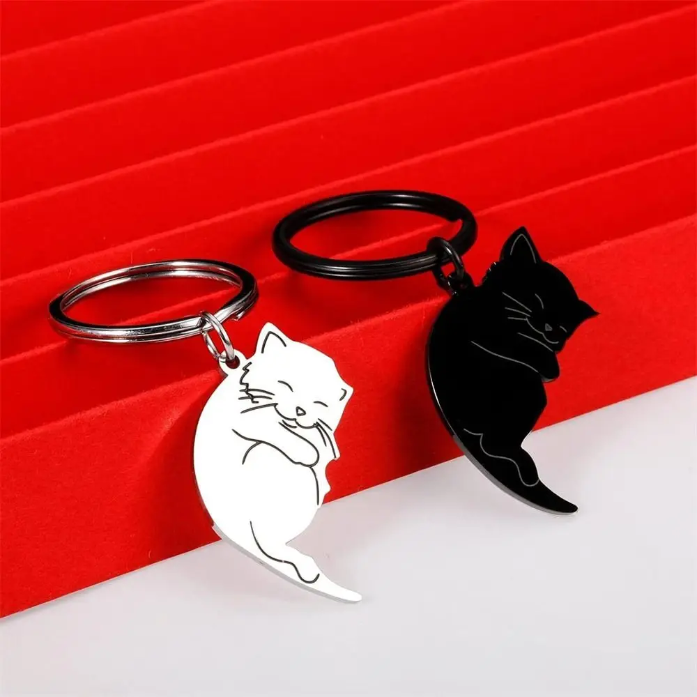 Hug Cat Couple Keychain Stainless Steel Bag Pendant Matching Cat Key Ring Hanging Jewelry Pet Lover Lovers Keyring