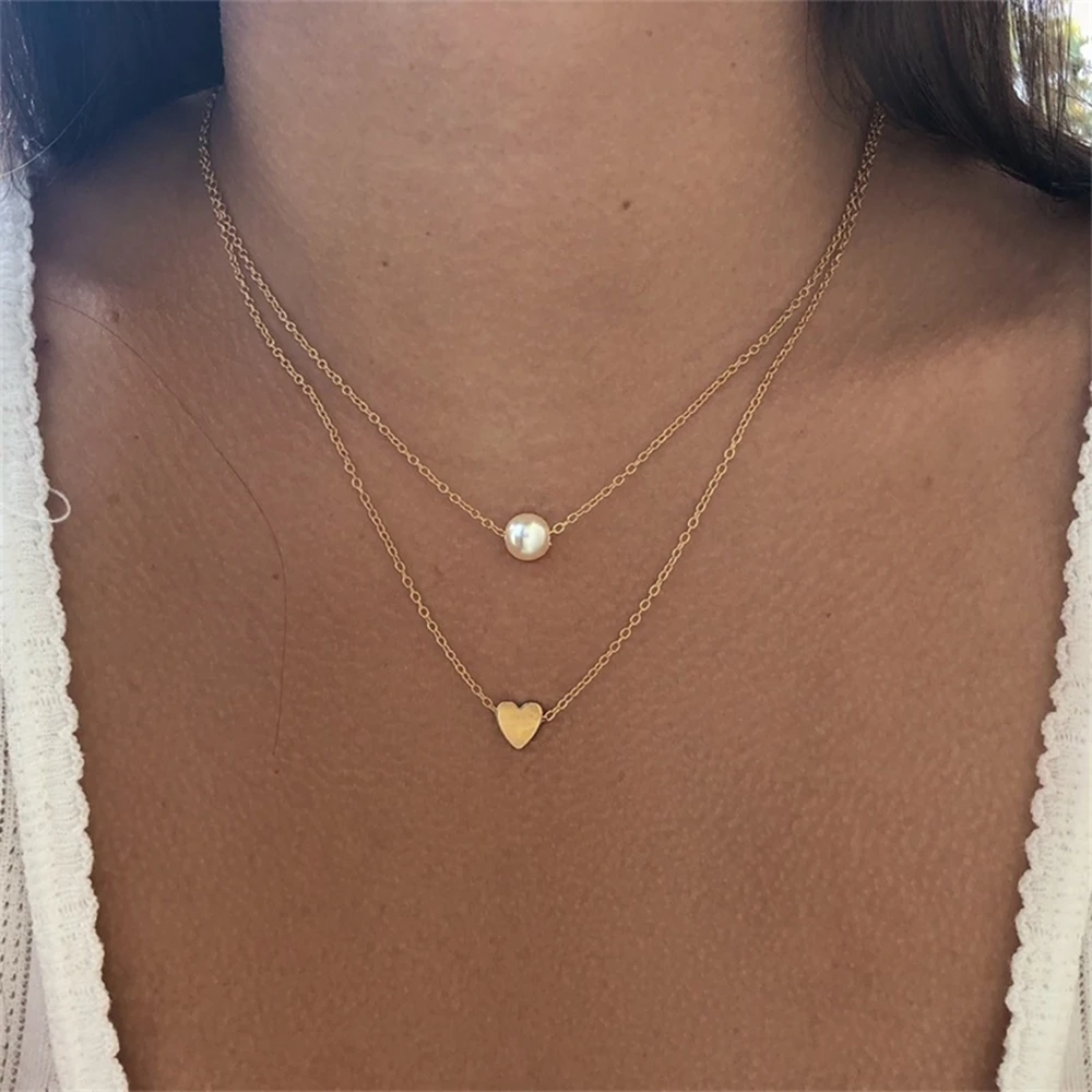 New Double Layer Necklace For Women Imitation Pearl Crystal Heart Pendant Chokers Necklaces Girls Gift Bohemia Cheap Jewelry image 2