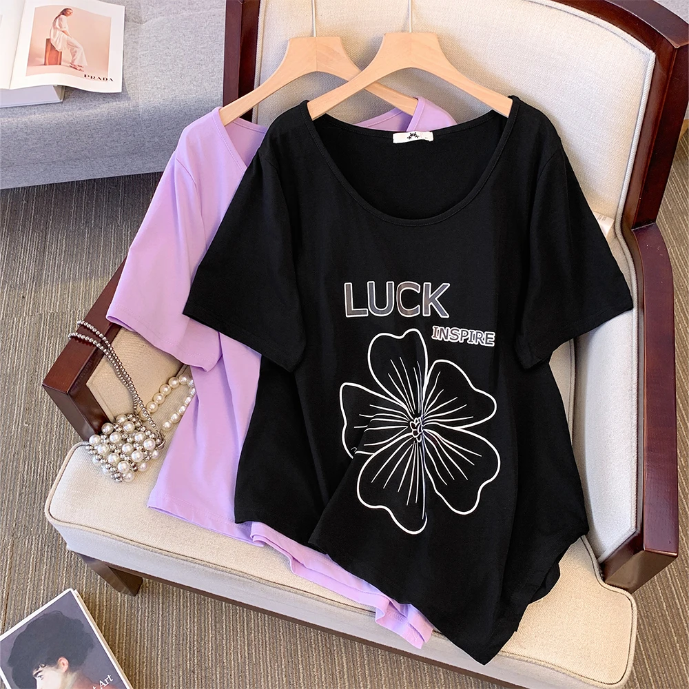 Women's summer plus-size printed T-shirt comfortable Polyester cotton fabric asymmetrical hem design crew-neck loose top 2024