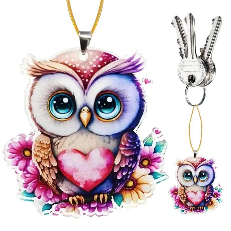 Mechanical Owl Car Pendant Car Rear View Mirror Ornament Keychain Charm 2D Acrylic Mirror Ornaments Car Interior Accessories