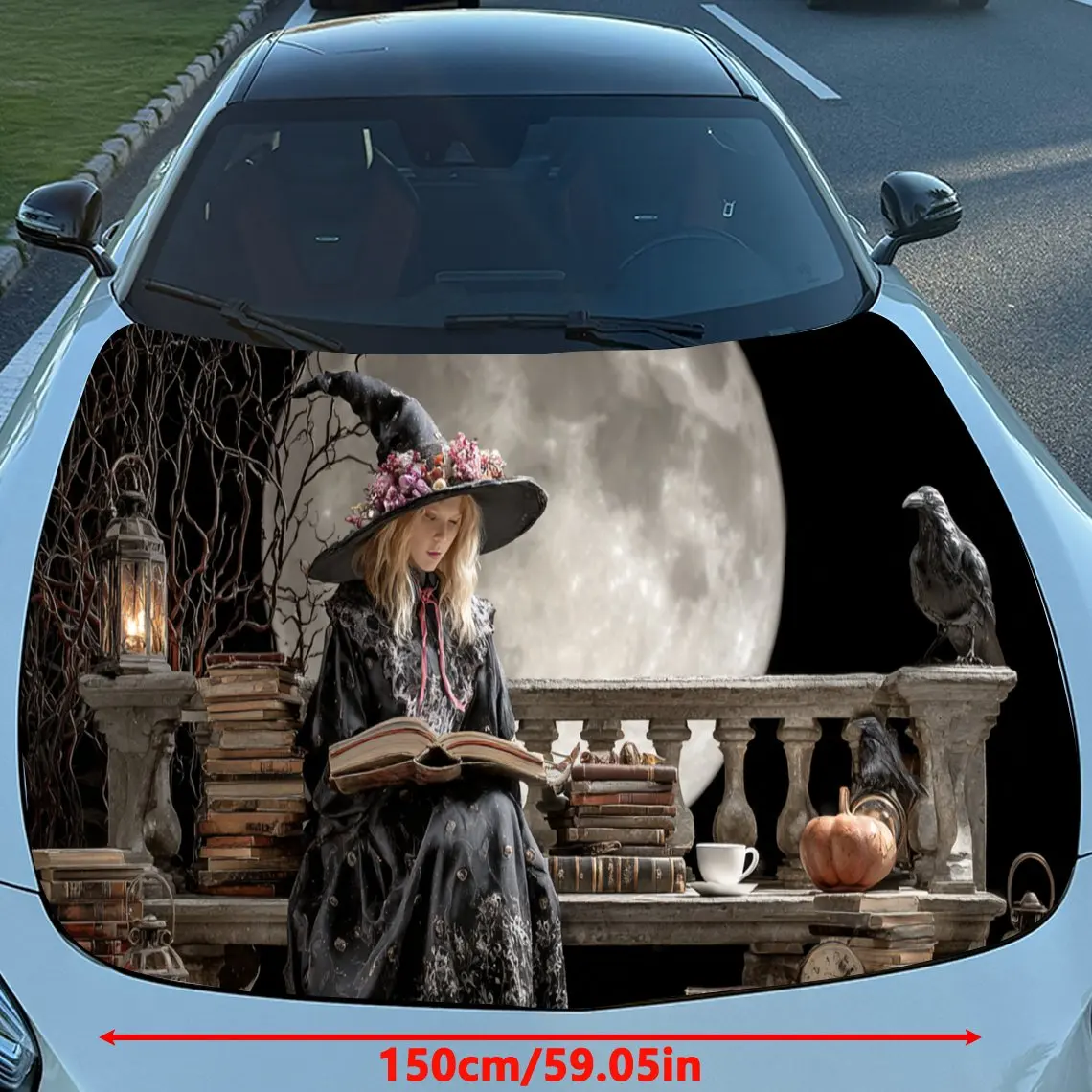 Dark Witch Reading by Moonlight Car Engine Hood Vinyl Wraps Sticker, Trendy Auto Cover Decal, Waterproof Self-adhesive Vehicle D