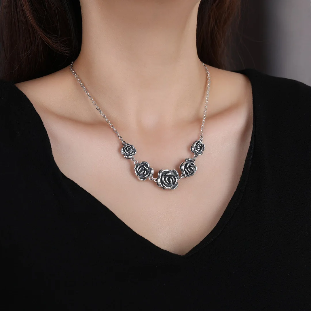 באיכות גבוהה רטרו רוז פרח תאילנדי כסף נשי שרשרת תכשיטי נשים חג המולד מתנות קצר שרשרות לא יימוג